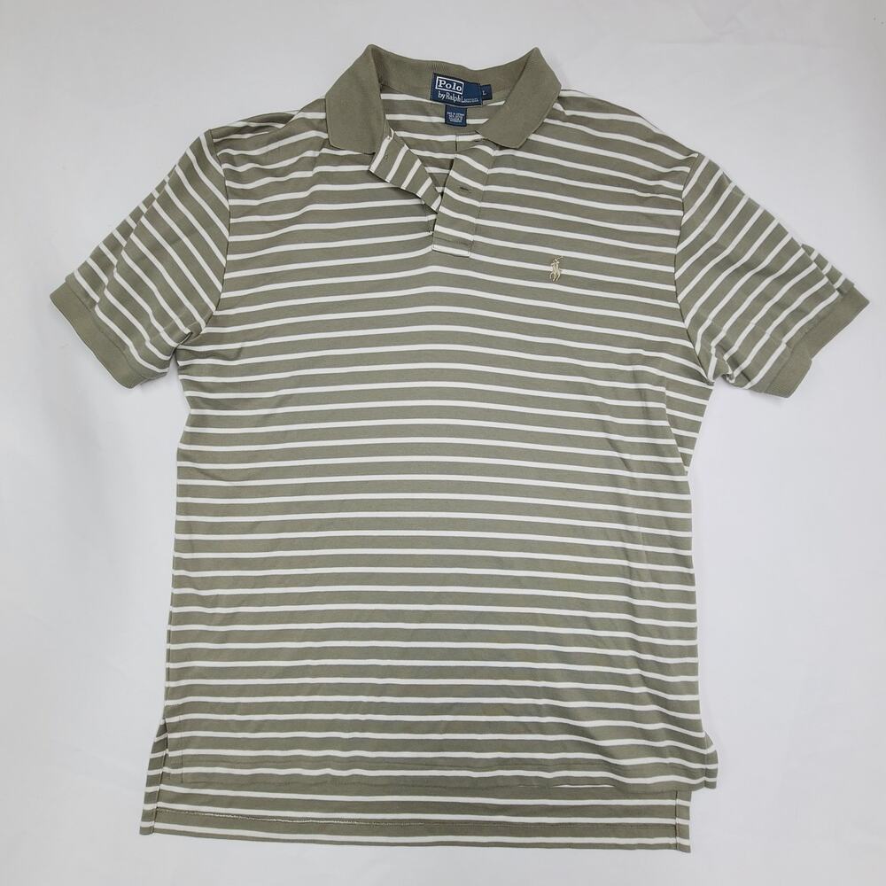 Polo Ralph Lauren men's short-sleeved polo shirt Green White Stripe Cotton L